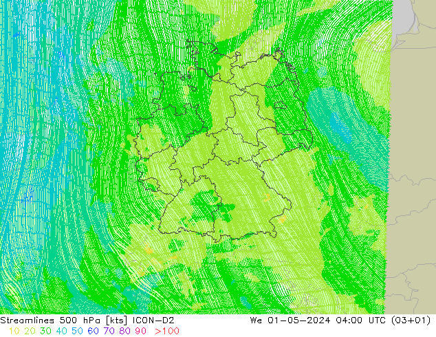 Streamlines 500 hPa ICON-D2 We 01.05.2024 04 UTC