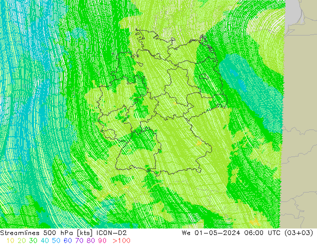 Rüzgar 500 hPa ICON-D2 Çar 01.05.2024 06 UTC