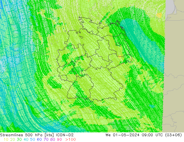 Linea di flusso 500 hPa ICON-D2 mer 01.05.2024 09 UTC