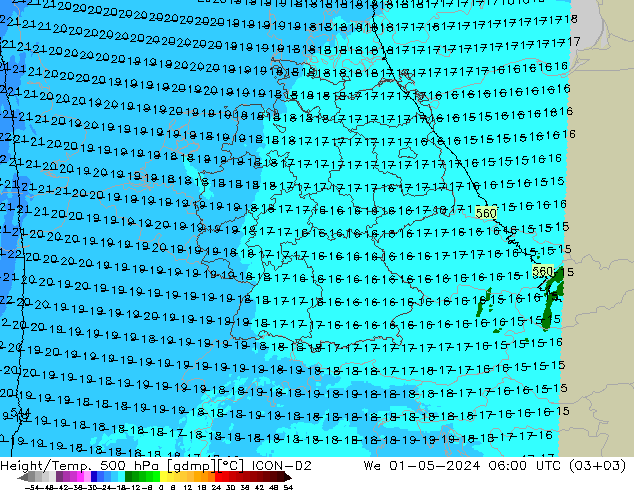 Height/Temp. 500 hPa ICON-D2 St 01.05.2024 06 UTC