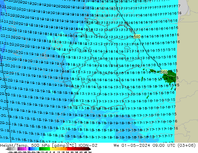 Géop./Temp. 500 hPa ICON-D2 mer 01.05.2024 09 UTC