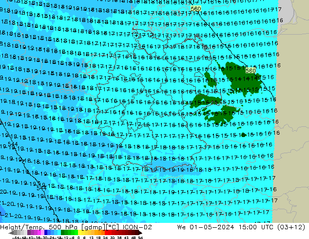 Géop./Temp. 500 hPa ICON-D2 mer 01.05.2024 15 UTC