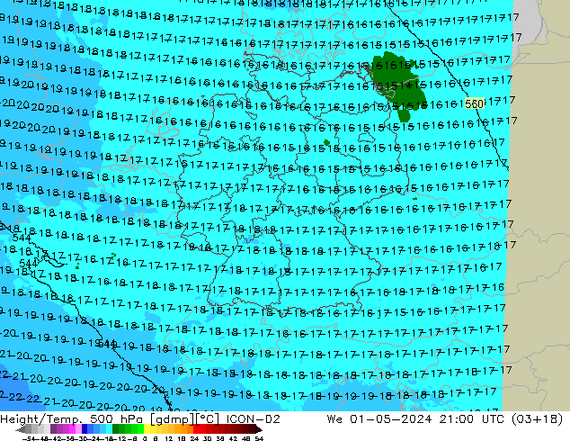 Height/Temp. 500 hPa ICON-D2  01.05.2024 21 UTC