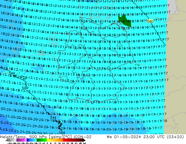 Height/Temp. 500 hPa ICON-D2 Mi 01.05.2024 23 UTC