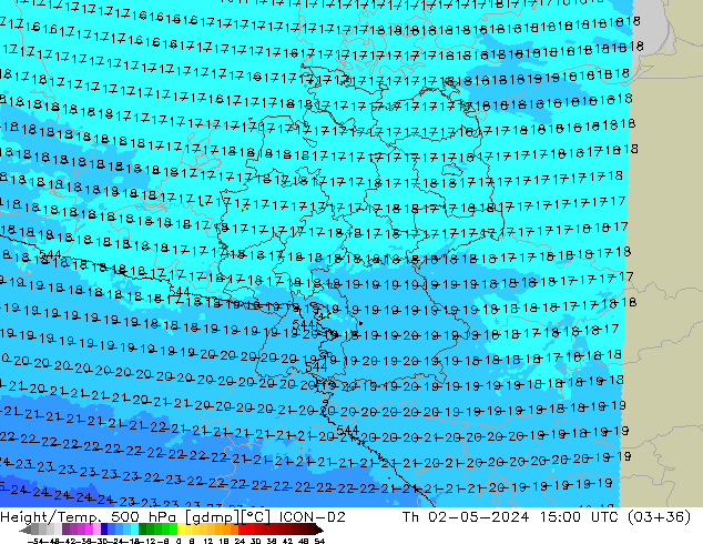 Height/Temp. 500 hPa ICON-D2 czw. 02.05.2024 15 UTC