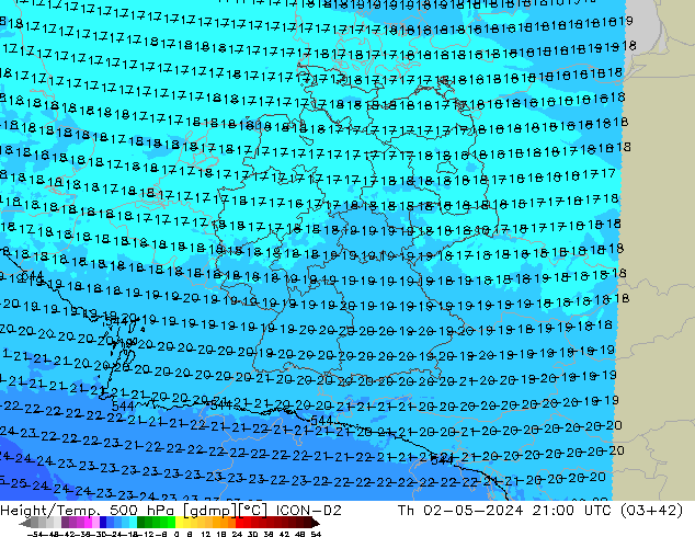 Height/Temp. 500 hPa ICON-D2  02.05.2024 21 UTC