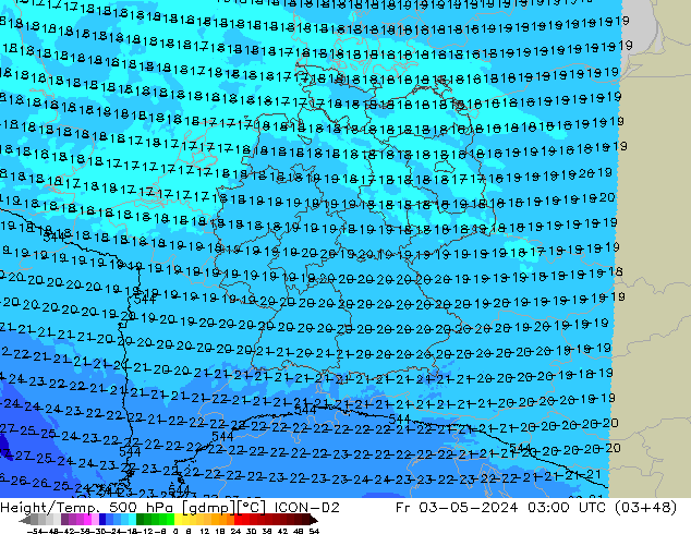 Height/Temp. 500 hPa ICON-D2 pt. 03.05.2024 03 UTC