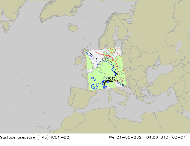 Surface pressure ICON-D2 We 01.05.2024 04 UTC