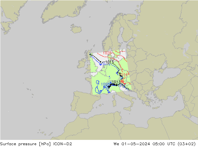 Surface pressure ICON-D2 We 01.05.2024 05 UTC