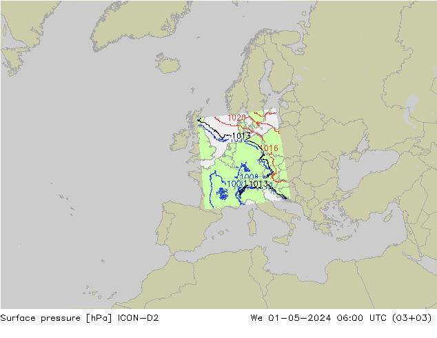 Surface pressure ICON-D2 We 01.05.2024 06 UTC