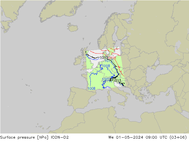 Presión superficial ICON-D2 mié 01.05.2024 09 UTC