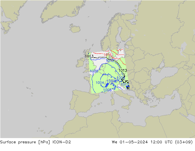 Surface pressure ICON-D2 We 01.05.2024 12 UTC