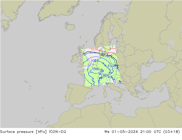 Presión superficial ICON-D2 mié 01.05.2024 21 UTC