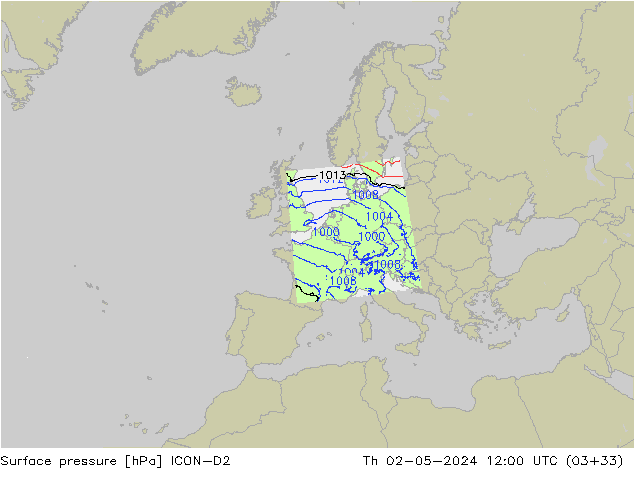 Surface pressure ICON-D2 Th 02.05.2024 12 UTC