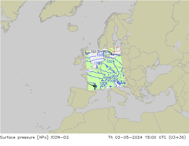 Surface pressure ICON-D2 Th 02.05.2024 15 UTC