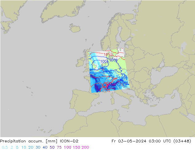 Précipitation accum. ICON-D2 ven 03.05.2024 03 UTC