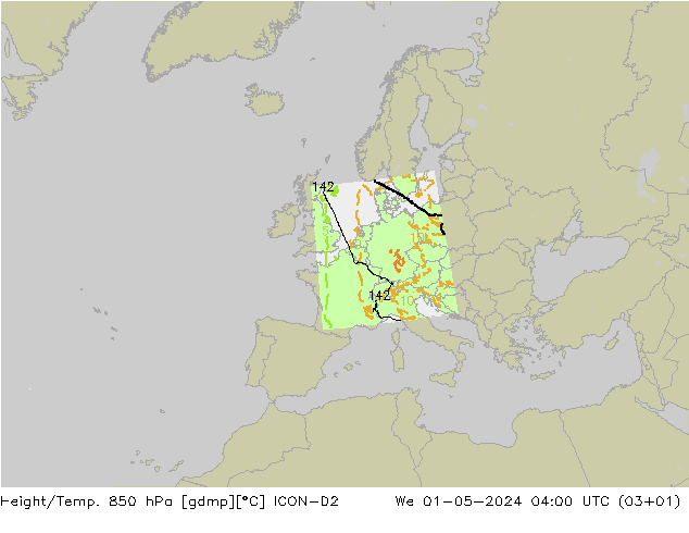 Height/Temp. 850 hPa ICON-D2 Mi 01.05.2024 04 UTC