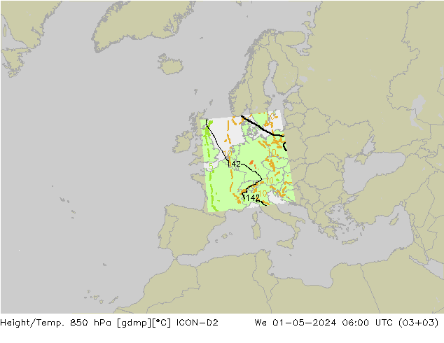 Height/Temp. 850 hPa ICON-D2 śro. 01.05.2024 06 UTC