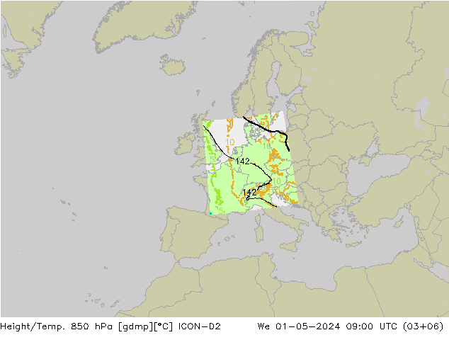 Height/Temp. 850 hPa ICON-D2 We 01.05.2024 09 UTC