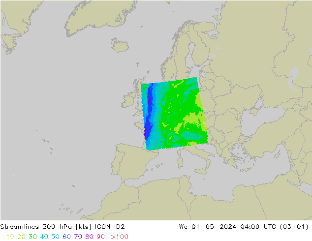 Streamlines 300 hPa ICON-D2 St 01.05.2024 04 UTC