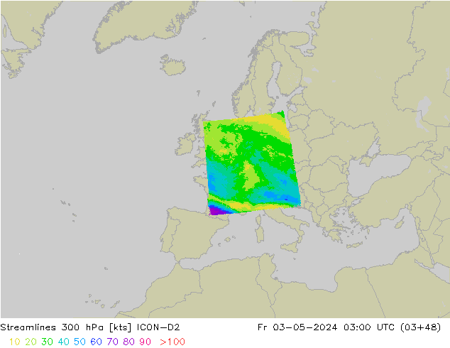 Rüzgar 300 hPa ICON-D2 Cu 03.05.2024 03 UTC