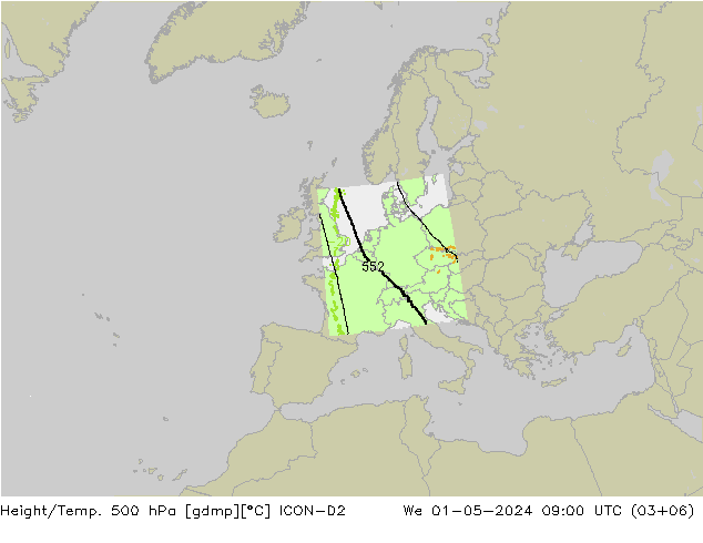 Geop./Temp. 500 hPa ICON-D2 mié 01.05.2024 09 UTC