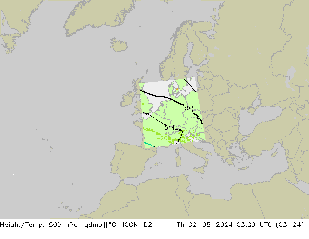 Geop./Temp. 500 hPa ICON-D2 jue 02.05.2024 03 UTC