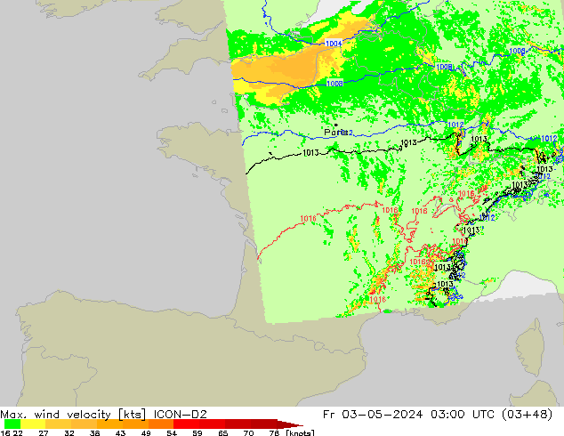 Maks. Rüzgar Hızı ICON-D2 Cu 03.05.2024 03 UTC