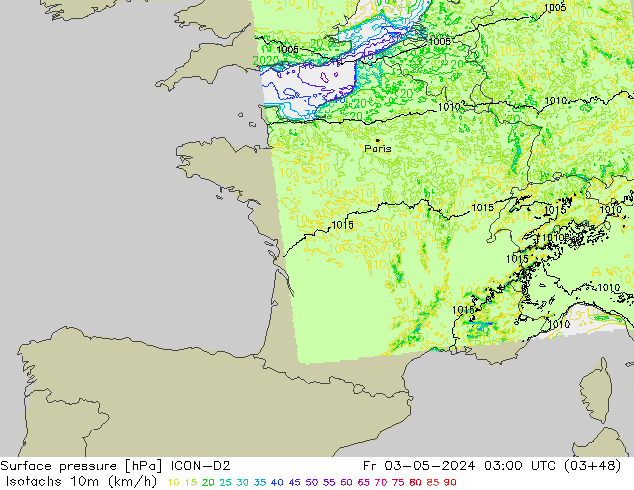 Isotachs (kph) ICON-D2 ven 03.05.2024 03 UTC