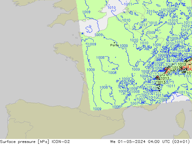 Surface pressure ICON-D2 We 01.05.2024 04 UTC