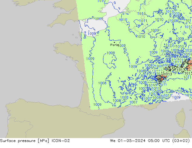 Atmosférický tlak ICON-D2 St 01.05.2024 05 UTC