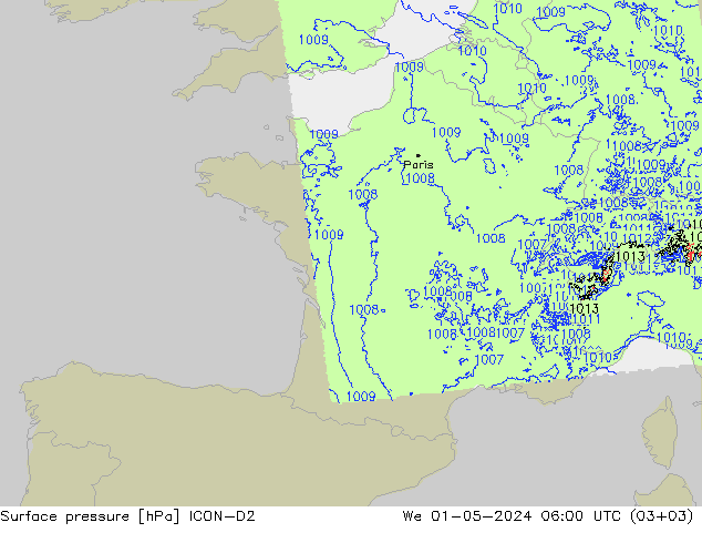 Surface pressure ICON-D2 We 01.05.2024 06 UTC