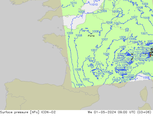 Atmosférický tlak ICON-D2 St 01.05.2024 09 UTC