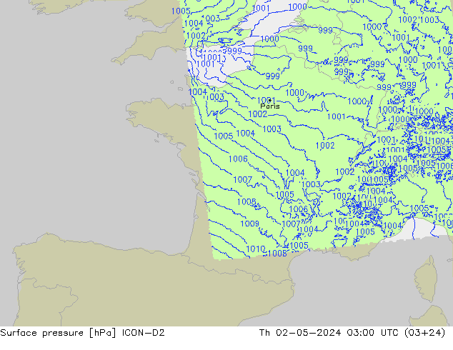 Surface pressure ICON-D2 Th 02.05.2024 03 UTC