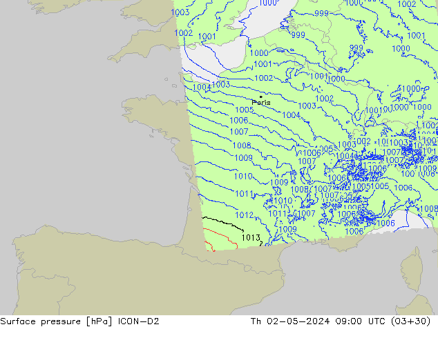 Presión superficial ICON-D2 jue 02.05.2024 09 UTC