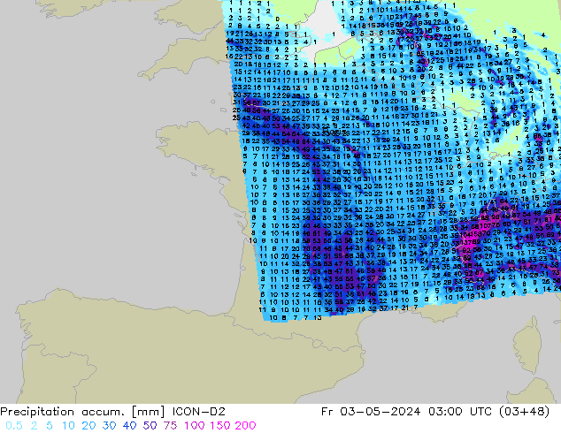 Totale neerslag ICON-D2 vr 03.05.2024 03 UTC