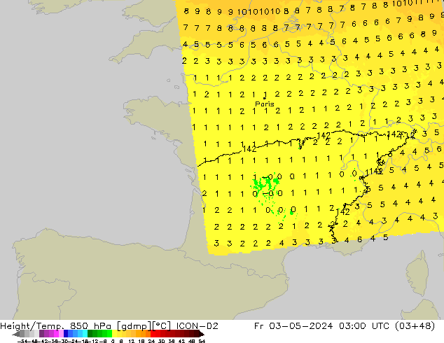 Height/Temp. 850 hPa ICON-D2 Fr 03.05.2024 03 UTC