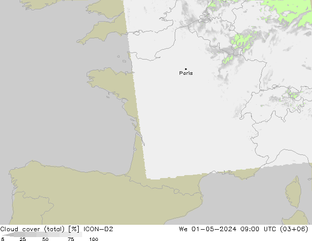 Wolken (gesamt) ICON-D2 Mi 01.05.2024 09 UTC