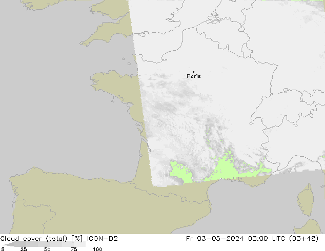 Cloud cover (total) ICON-D2 Fr 03.05.2024 03 UTC