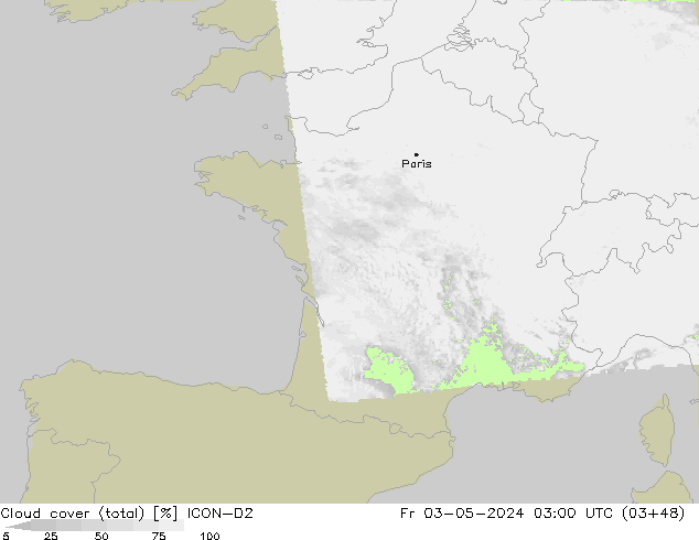 zachmurzenie (suma) ICON-D2 pt. 03.05.2024 03 UTC