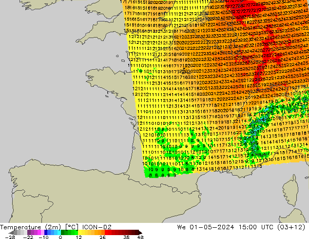 Temperatura (2m) ICON-D2 mié 01.05.2024 15 UTC