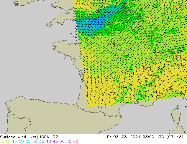 Surface wind ICON-D2 Fr 03.05.2024 03 UTC