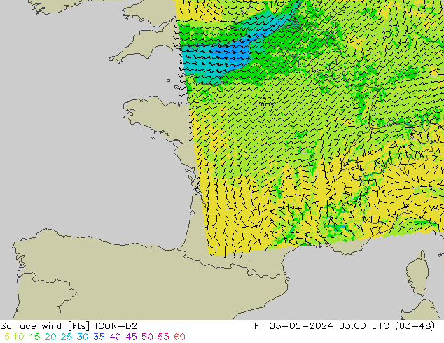 Viento 10 m ICON-D2 vie 03.05.2024 03 UTC