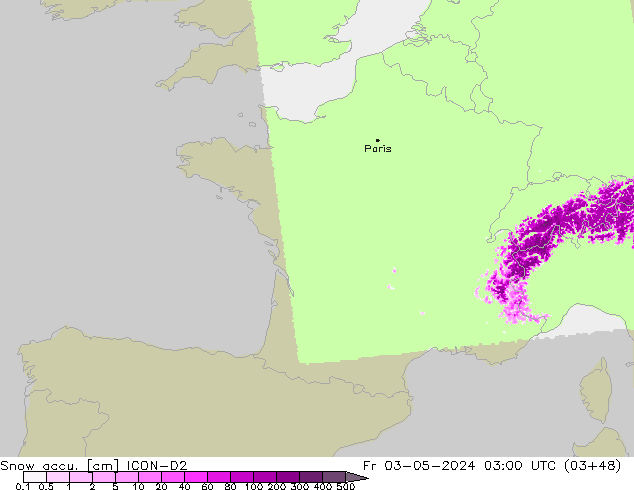 Totale sneeuw ICON-D2 vr 03.05.2024 03 UTC