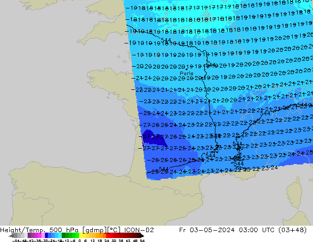 Géop./Temp. 500 hPa ICON-D2 ven 03.05.2024 03 UTC