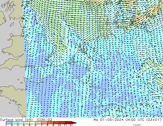 Surface wind (bft) ICON-D2 We 01.05.2024 04 UTC