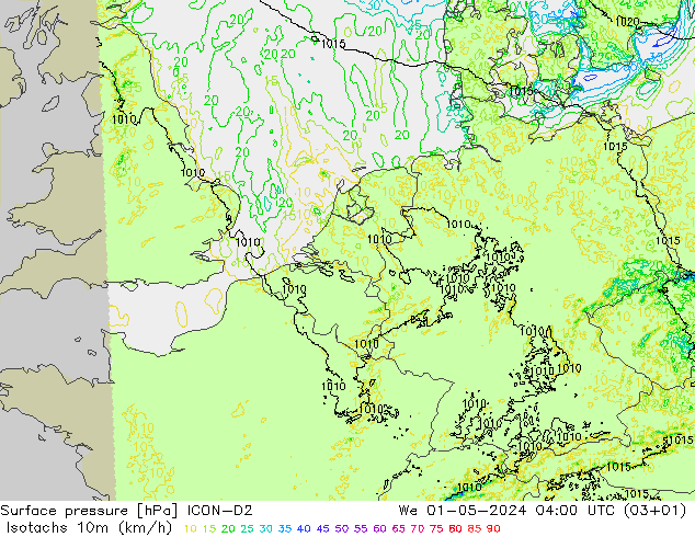 Eşrüzgar Hızları (km/sa) ICON-D2 Çar 01.05.2024 04 UTC