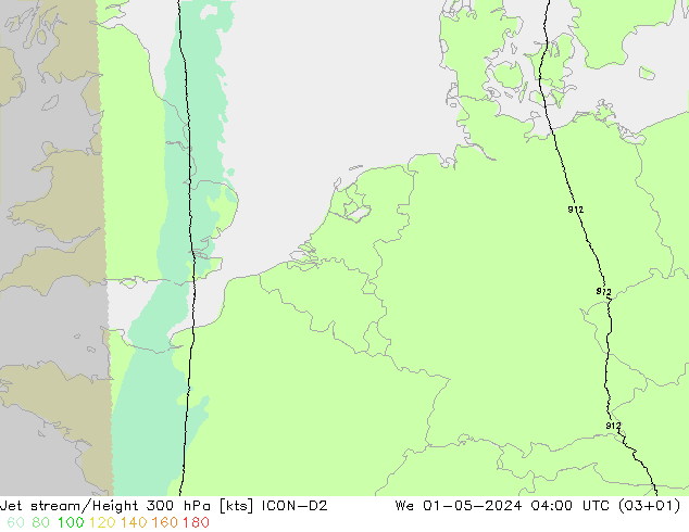 Jet stream/Height 300 hPa ICON-D2 We 01.05.2024 04 UTC