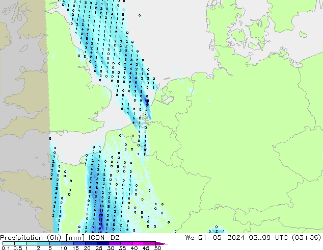 Nied. akkumuliert (6Std) ICON-D2 Mi 01.05.2024 09 UTC