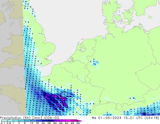 Precipitation (6h) ICON-D2 We 01.05.2024 21 UTC